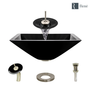 Alternate Image for Rene 17" Square Glass Bathroom Sink, Noir, with Faucet, R5-5003-NOR-WF-BN