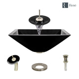 Rene 17" Square Glass Bathroom Sink, Noir, with Faucet, R5-5003-NOR-WF-BN
