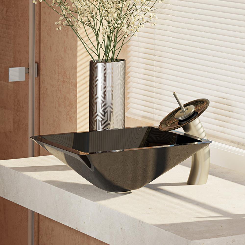 Rene 17" Square Glass Bathroom Sink, Noir, with Faucet, R5-5003-NOR-WF-BN - The Sink Boutique