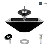 Rene 17" Square Glass Bathroom Sink, Noir, with Faucet, R5-5003-NOR-WF-C