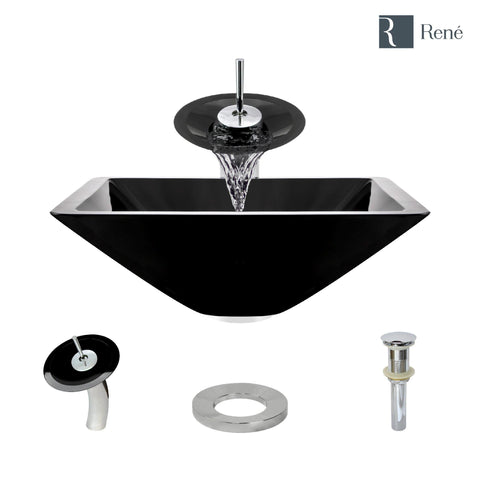 Rene 17" Square Glass Bathroom Sink, Noir, with Faucet, R5-5003-NOR-WF-C