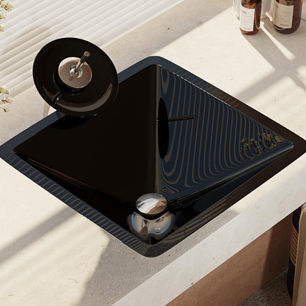 Rene 17" Square Glass Bathroom Sink, Noir, with Faucet, R5-5003-NOR-WF-C - The Sink Boutique