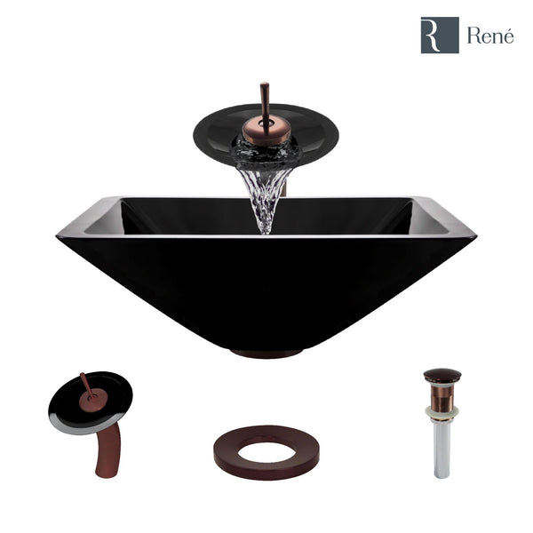 Rene 17" Square Glass Bathroom Sink, Noir, with Faucet, R5-5003-NOR-WF-ORB