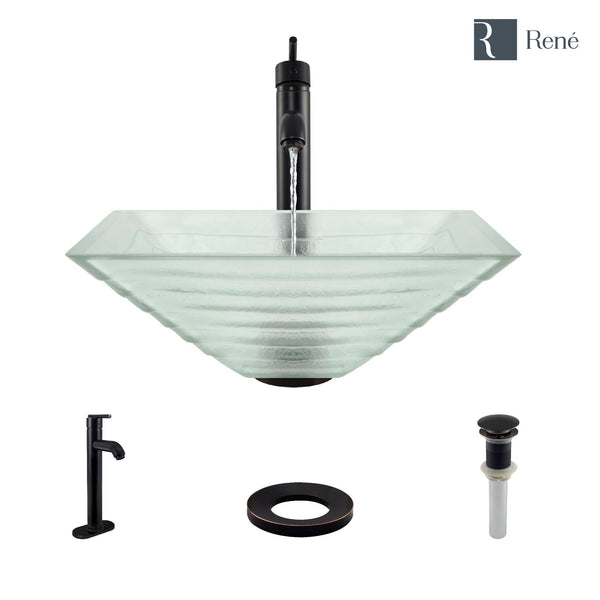 Rene 17" Square Glass Bathroom Sink, Textured, with Faucet, R5-5004-R9-7001-ABR