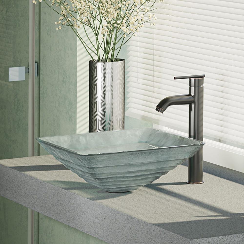 Rene 17" Square Glass Bathroom Sink, Textured, with Faucet, R5-5004-R9-7001-ABR - The Sink Boutique