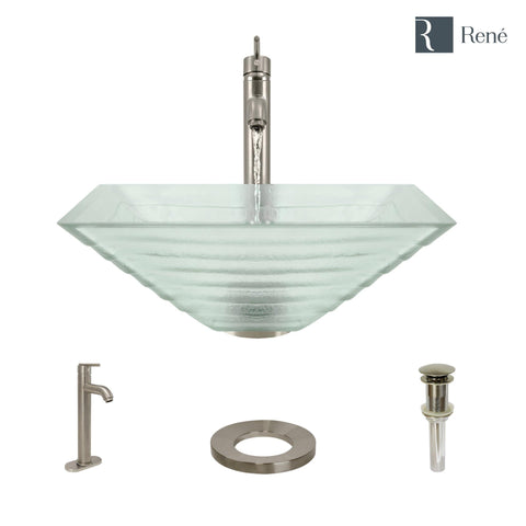 Rene 17" Square Glass Bathroom Sink, Textured, with Faucet, R5-5004-R9-7001-BN