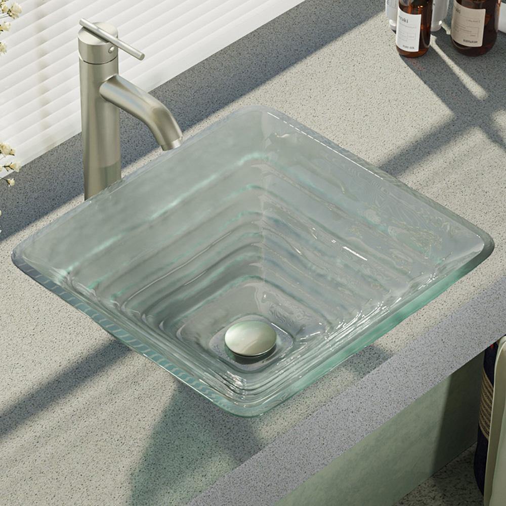 Rene 17" Square Glass Bathroom Sink, Textured, with Faucet, R5-5004-R9-7001-BN - The Sink Boutique