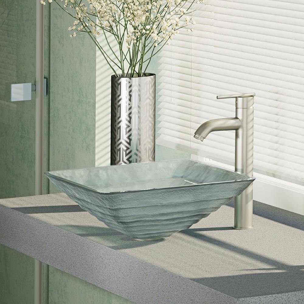 Rene 17" Square Glass Bathroom Sink, Textured, with Faucet, R5-5004-R9-7001-BN - The Sink Boutique