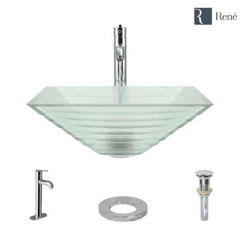 Rene 17" Square Glass Bathroom Sink, Textured, with Faucet, R5-5004-R9-7001-C