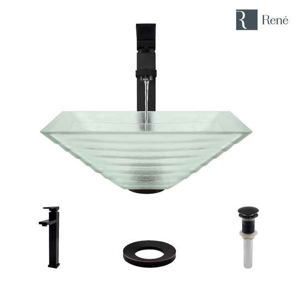 Rene 17" Square Glass Bathroom Sink, Textured, with Faucet, R5-5004-R9-7003-ABR
