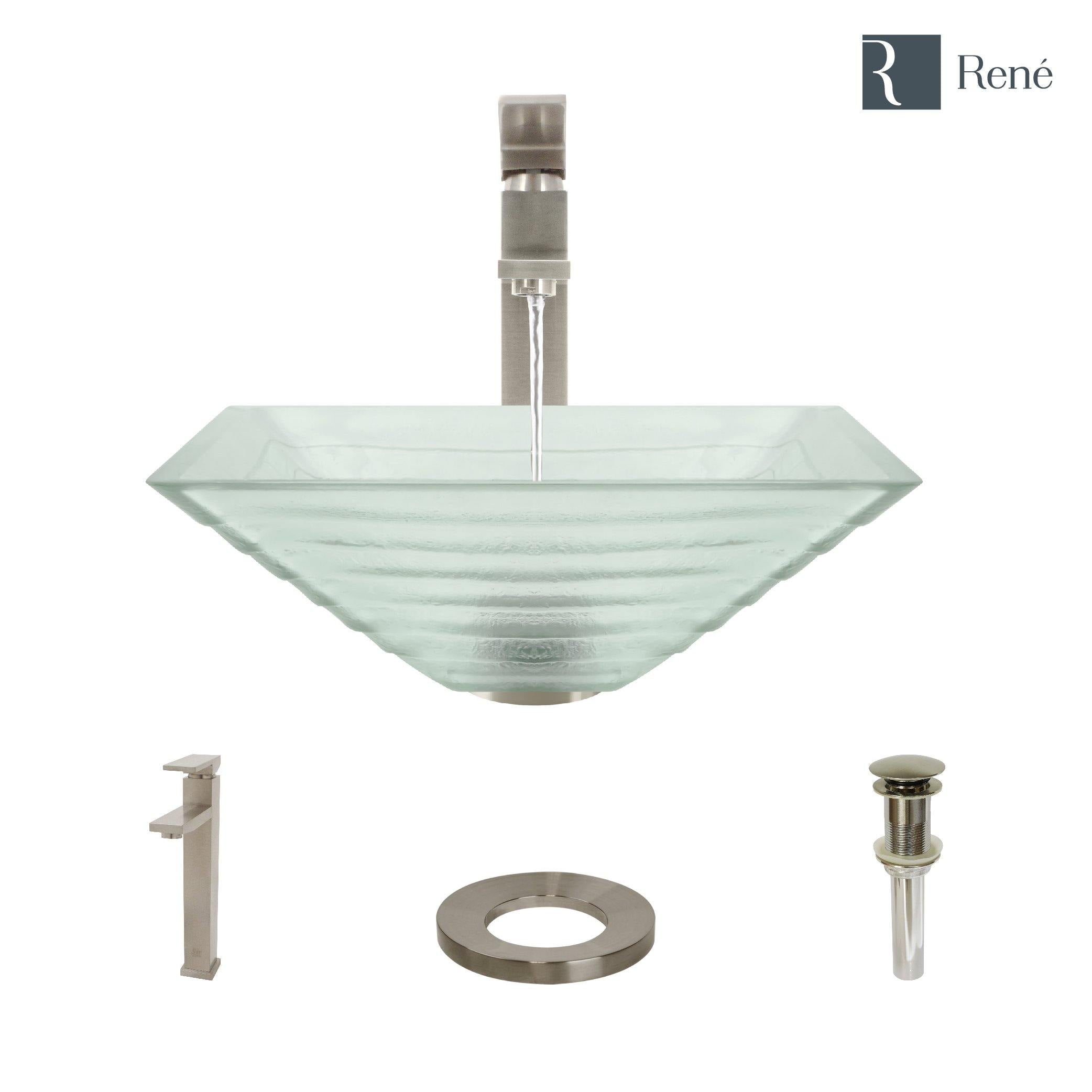 Rene 17" Square Glass Bathroom Sink, Textured, with Faucet, R5-5004-R9-7003-BN