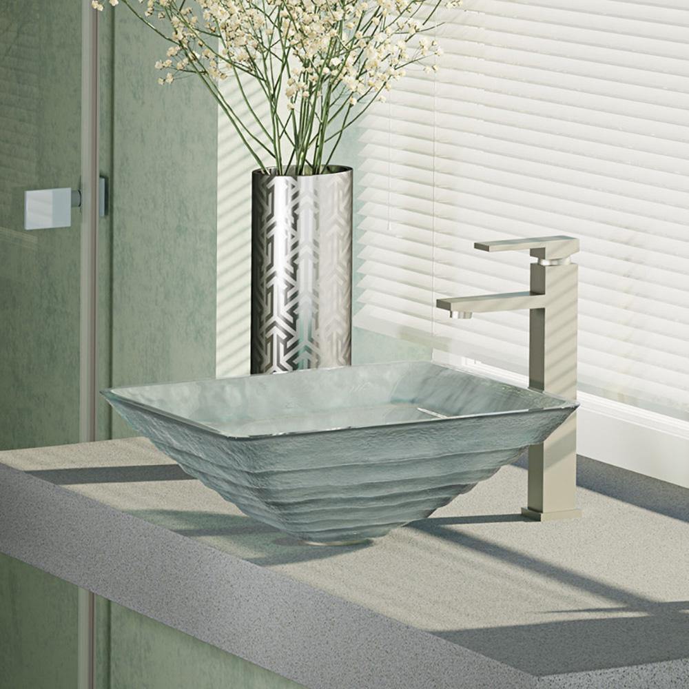 Rene 17" Square Glass Bathroom Sink, Textured, with Faucet, R5-5004-R9-7003-BN - The Sink Boutique
