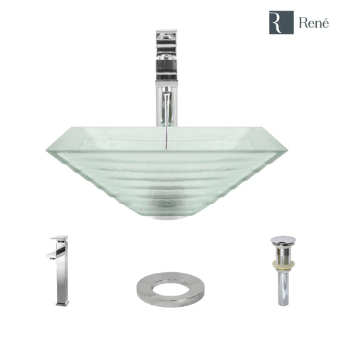 Rene 17" Square Glass Bathroom Sink, Textured, with Faucet, R5-5004-R9-7003-C