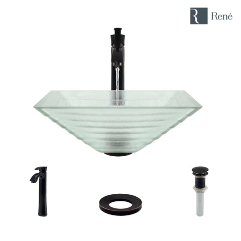 Rene 17" Square Glass Bathroom Sink, Textured, with Faucet, R5-5004-R9-7006-ABR