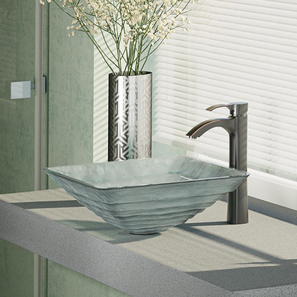 Rene 17" Square Glass Bathroom Sink, Textured, with Faucet, R5-5004-R9-7006-ABR - The Sink Boutique