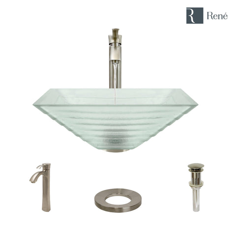 Rene 17" Square Glass Bathroom Sink, Textured, with Faucet, R5-5004-R9-7006-BN