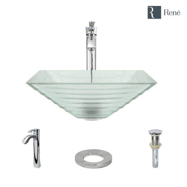 Rene 17" Square Glass Bathroom Sink, Textured, with Faucet, R5-5004-R9-7006-C