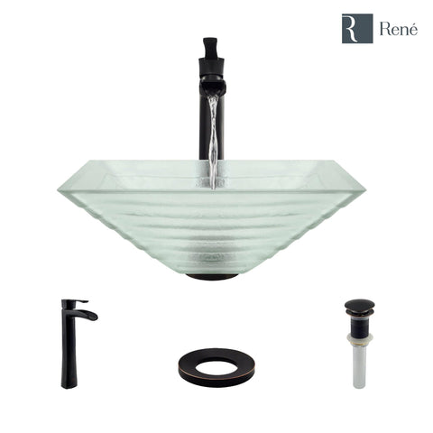 Rene 17" Square Glass Bathroom Sink, Textured, with Faucet, R5-5004-R9-7007-ABR
