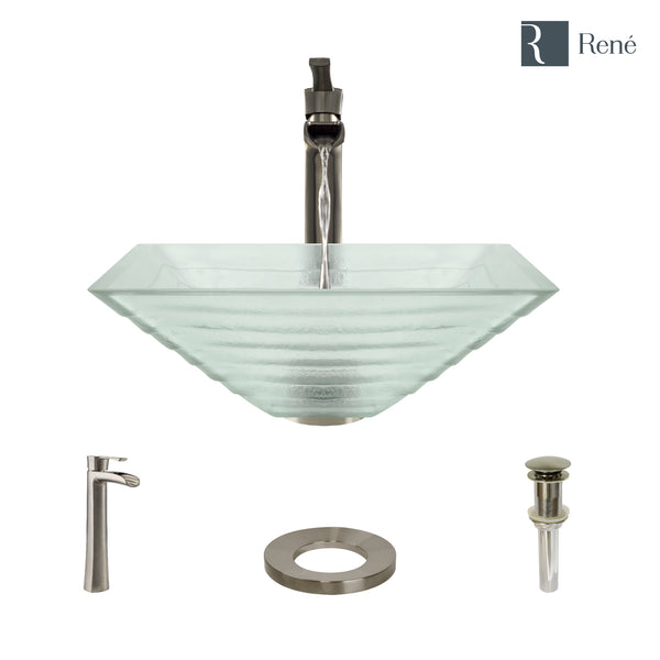 Rene 17" Square Glass Bathroom Sink, Textured, with Faucet, R5-5004-R9-7007-BN