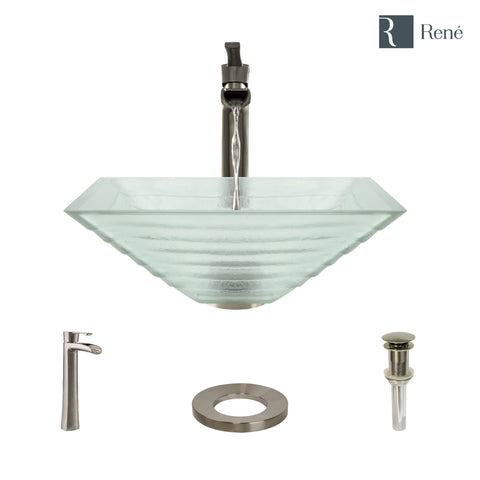 Rene 17" Square Glass Bathroom Sink, Textured, with Faucet, R5-5004-R9-7007-BN