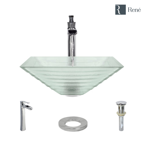 Rene 17" Square Glass Bathroom Sink, Textured, with Faucet, R5-5004-R9-7007-C
