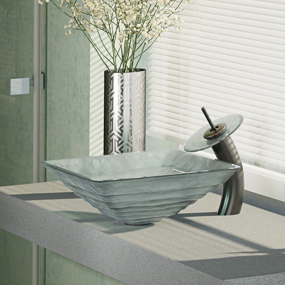 Rene 17" Square Glass Bathroom Sink, Textured, with Faucet, R5-5004-WF-ABR - The Sink Boutique