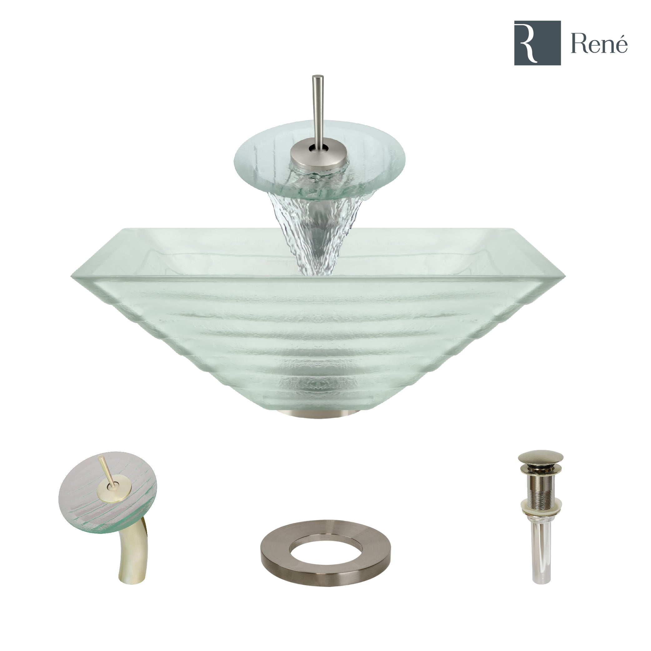 Rene 17" Square Glass Bathroom Sink, Textured, with Faucet, R5-5004-WF-BN