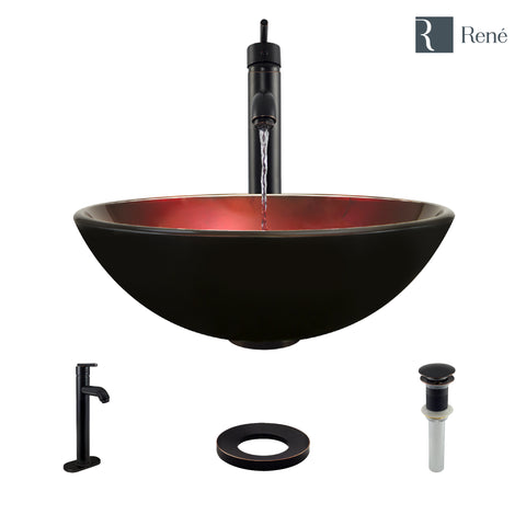 Rene 17" Round Glass Bathroom Sink, Gradient Red, with Faucet, R5-5007-R9-7001-ABR