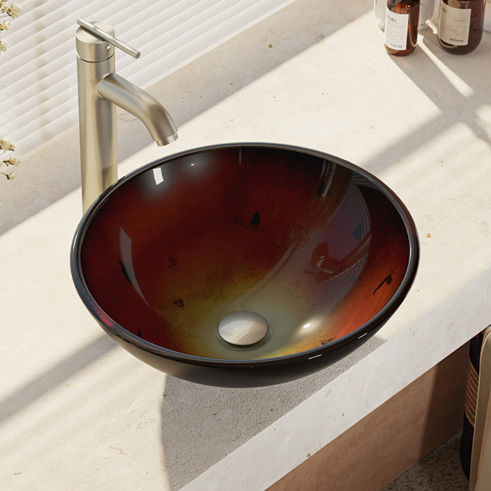 Rene 17" Round Glass Bathroom Sink, Gradient Red, with Faucet, R5-5007-R9-7001-BN - The Sink Boutique