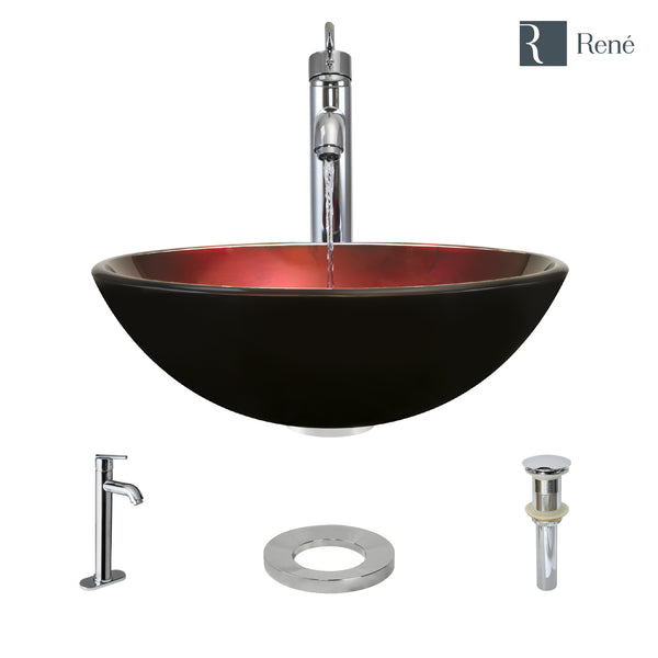 Rene 17" Round Glass Bathroom Sink, Gradient Red, with Faucet, R5-5007-R9-7001-C