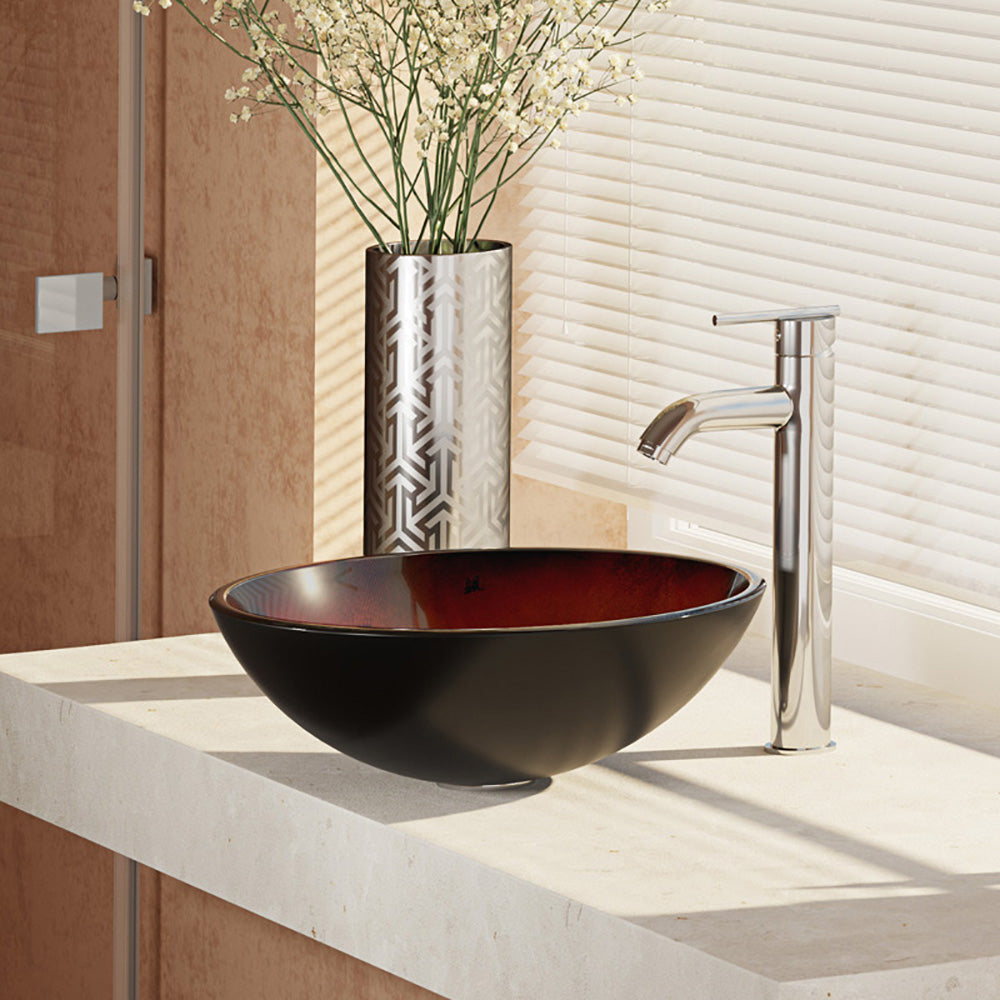 Rene 17" Round Glass Bathroom Sink, Gradient Red, with Faucet, R5-5007-R9-7001-C - The Sink Boutique