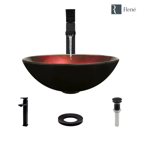 Rene 17" Round Glass Bathroom Sink, Gradient Red, with Faucet, R5-5007-R9-7003-ABR