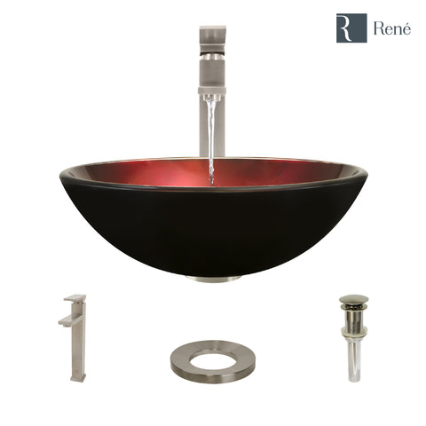 Rene 17" Round Glass Bathroom Sink, Gradient Red, with Faucet, R5-5007-R9-7003-BN