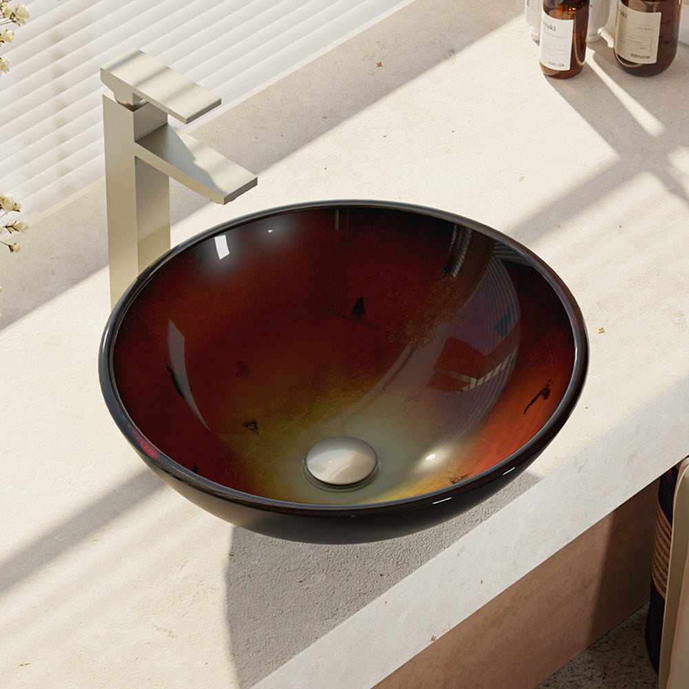 Rene 17" Round Glass Bathroom Sink, Gradient Red, with Faucet, R5-5007-R9-7003-BN - The Sink Boutique