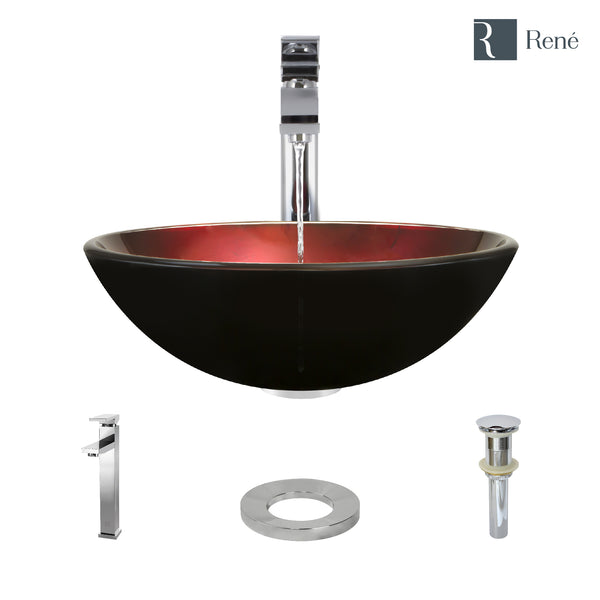 Rene 17" Round Glass Bathroom Sink, Gradient Red, with Faucet, R5-5007-R9-7003-C