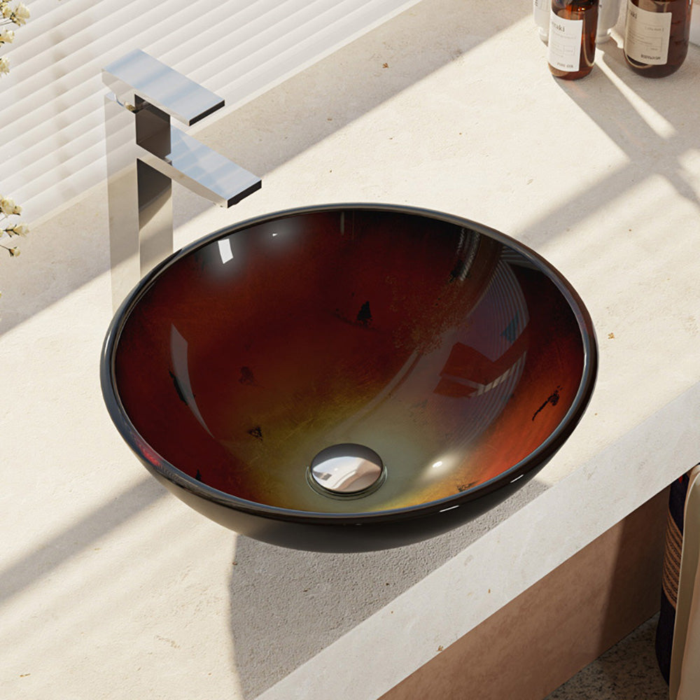 Rene 17" Round Glass Bathroom Sink, Gradient Red, with Faucet, R5-5007-R9-7003-C - The Sink Boutique