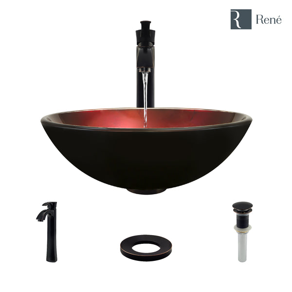 Rene 17" Round Glass Bathroom Sink, Gradient Red, with Faucet, R5-5007-R9-7006-ABR