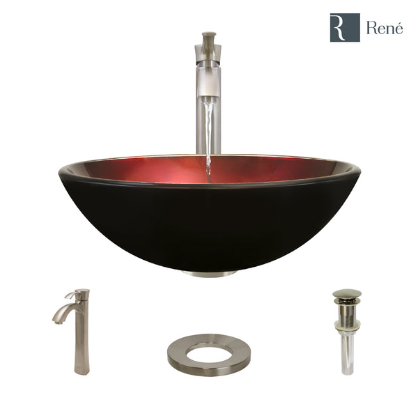 Rene 17" Round Glass Bathroom Sink, Gradient Red, with Faucet, R5-5007-R9-7006-BN