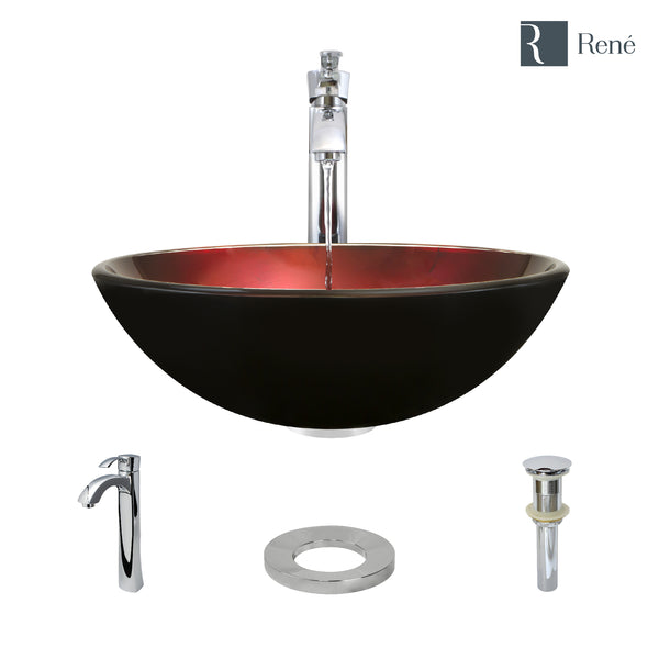 Rene 17" Round Glass Bathroom Sink, Gradient Red, with Faucet, R5-5007-R9-7006-C