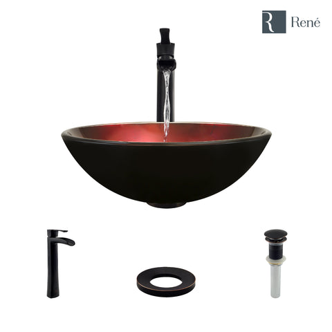 Rene 17" Round Glass Bathroom Sink, Gradient Red, with Faucet, R5-5007-R9-7007-ABR