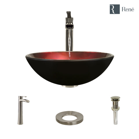 Rene 17" Round Glass Bathroom Sink, Gradient Red, with Faucet, R5-5007-R9-7007-BN