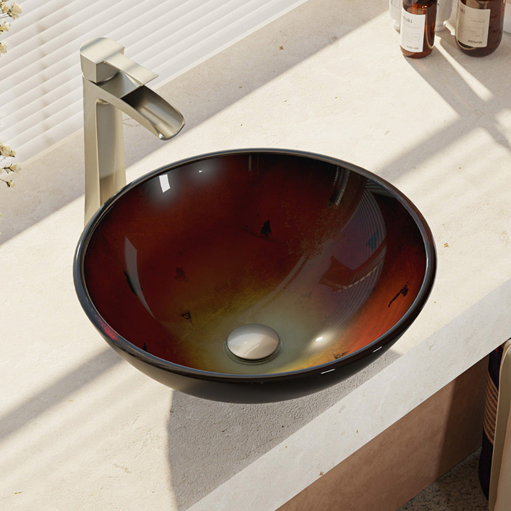 Rene 17" Round Glass Bathroom Sink, Gradient Red, with Faucet, R5-5007-R9-7007-BN - The Sink Boutique