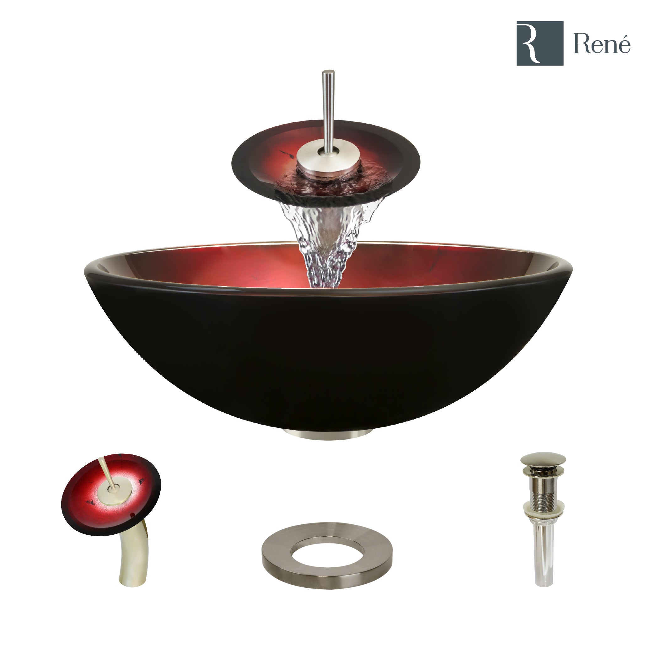 Rene 17" Round Glass Bathroom Sink, Gradient Red, with Faucet, R5-5007-WF-BN