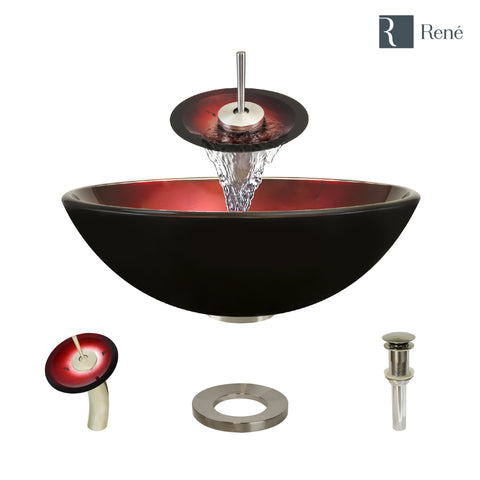 Rene 17" Round Glass Bathroom Sink, Gradient Red, with Faucet, R5-5007-WF-BN