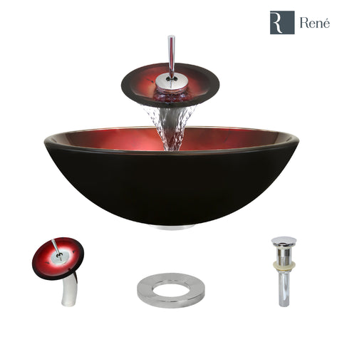 Rene 17" Round Glass Bathroom Sink, Gradient Red, with Faucet, R5-5007-WF-C