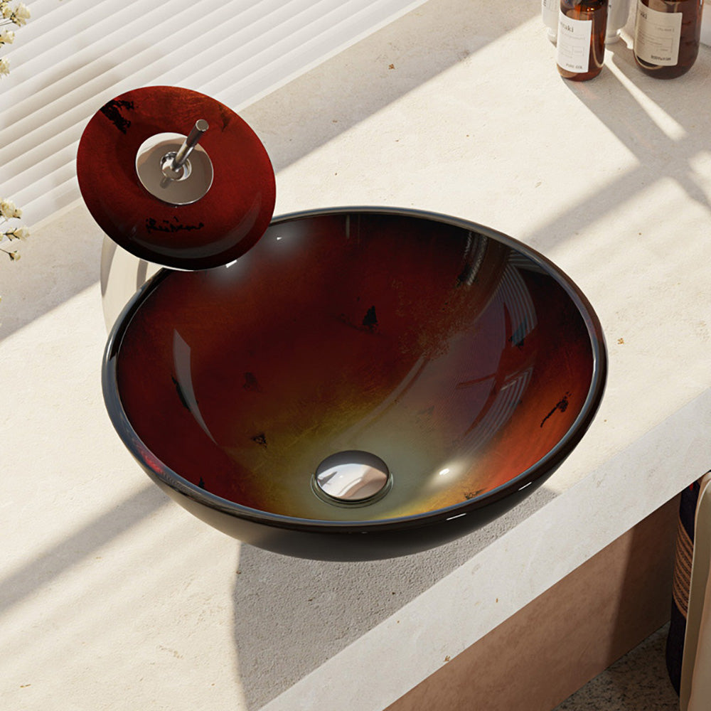 Rene 17" Round Glass Bathroom Sink, Gradient Red, with Faucet, R5-5007-WF-C - The Sink Boutique