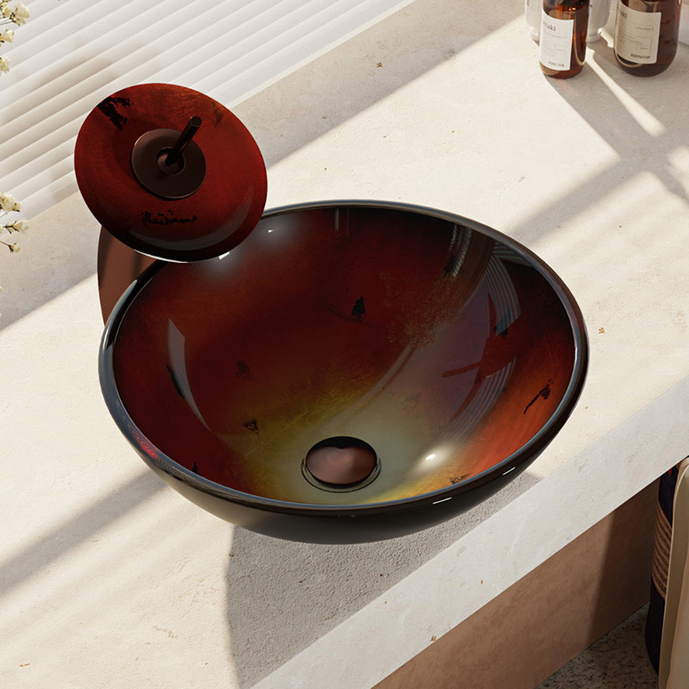 Alternate Image for Rene 17" Round Glass Bathroom Sink, Gradient Red, with Faucet, R5-5007-WF-ORB