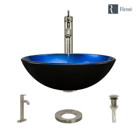 Rene 17" Round Glass Bathroom Sink, Gradient Blue, with Faucet, R5-5008-R9-7001-BN