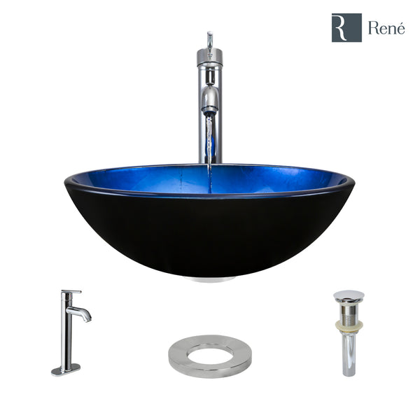 Rene 17" Round Glass Bathroom Sink, Gradient Blue, with Faucet, R5-5008-R9-7001-C