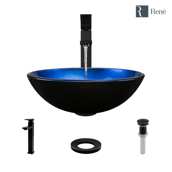 Rene 17" Round Glass Bathroom Sink, Gradient Blue, with Faucet, R5-5008-R9-7003-ABR